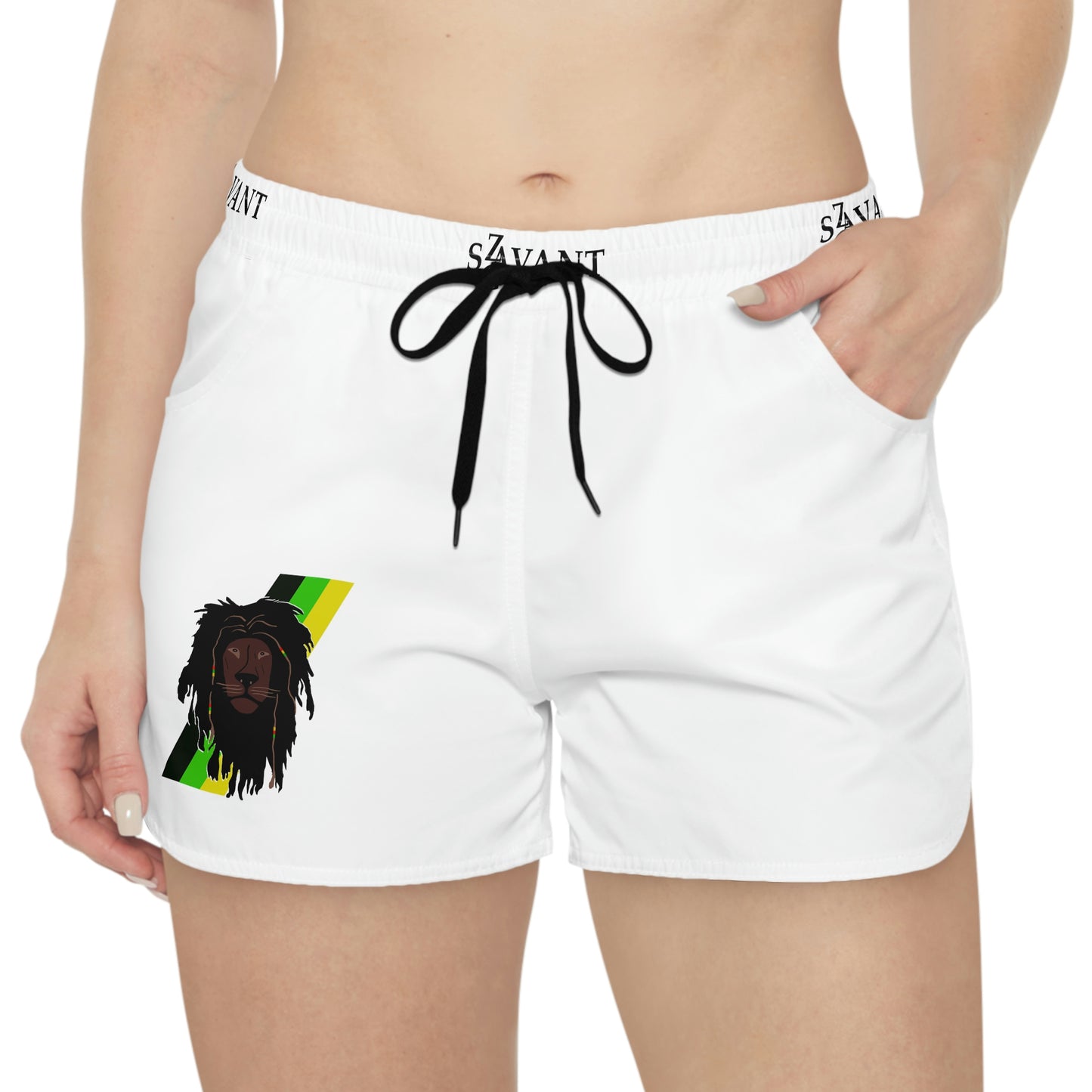 White shorts with Jamaican colors